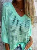 Full Size Openwork V-Neck Knit Cover Up Plus Size - Hovatok