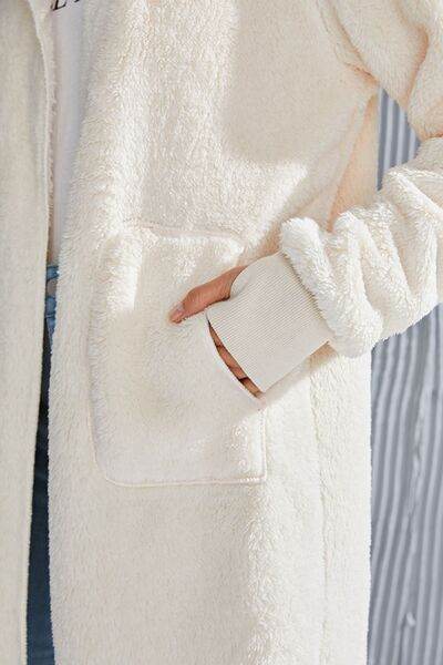 Double Take Full Size Hooded Teddy Bear Jacket with Thumbholes - Hovatok