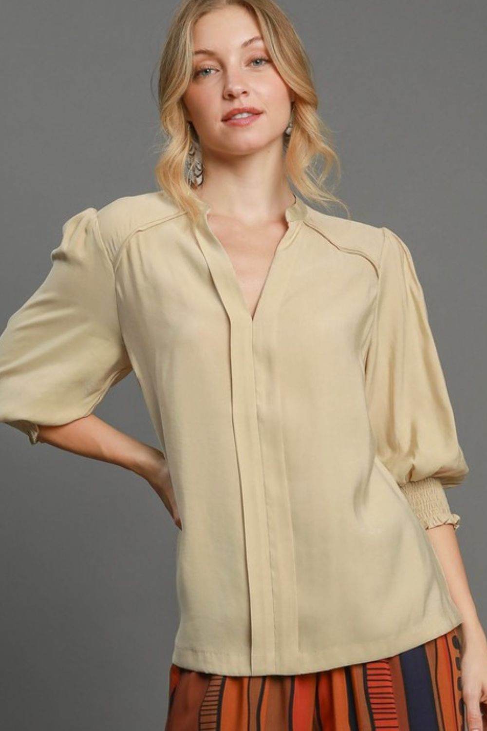 Umgee Full Size Notched Smocked Cuff Woven Top Plus Size - Hovatok
