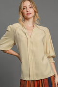 Umgee Full Size Notched Smocked Cuff Woven Top Plus Size - Hovatok