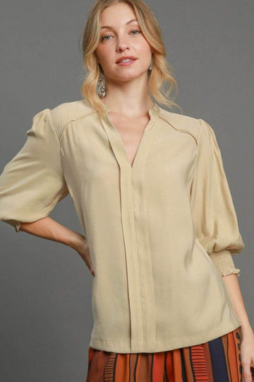 Umgee Full Size Notched Smocked Cuff Woven Top Plus Size - Hovatok