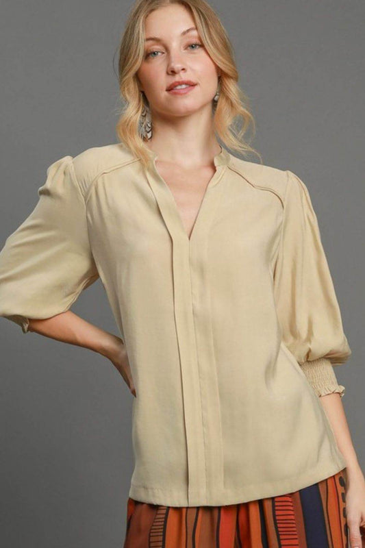 Umgee Full Size Notched Smocked Cuff Woven Top Plus Size - Hovatok