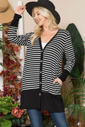 Celeste Full Size Striped Button Up Long Sleeve Cardigan Plus Size - Hovatok