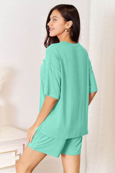 Basic Bae Bamboo Full Size Round Neck Drop Shoulder T-Shirt and Shorts Set - Hovatok