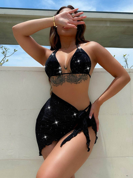 Glitter Halter Neck Backless Three-Piece Swim Set - Hovatok