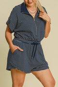 Umgee Full Size Half Zip Striped Romper Plus Size - Hovatok