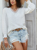 Devine Swiss Dot Lace Detail V-Neck Long Sleeve Blouse - Hovatok