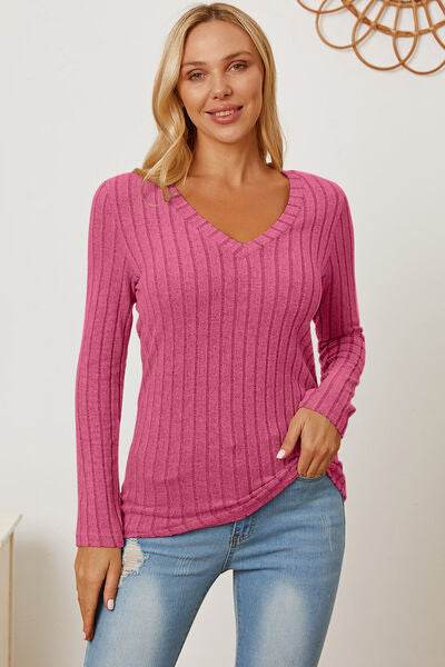 Basic Bae Full Size Ribbed V-Neck Long Sleeve T-Shirt - Hovatok