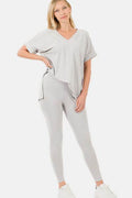 Zenana V-Neck Rolled Short Sleeve T-Shirt and Leggings Lounge Set - Hovatok