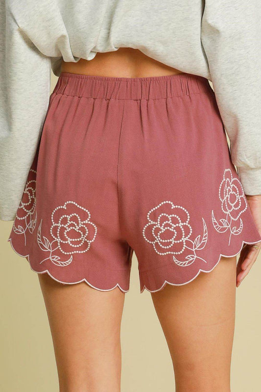 Umgee Full Size Linen Blend Shorts with Floral Embroidered Details Plus Size - Hovatok