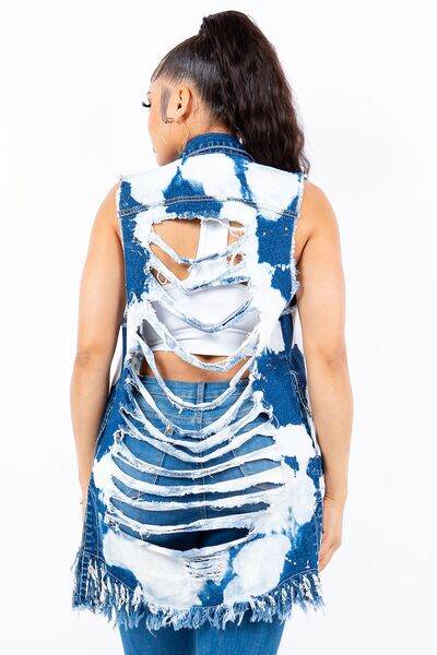 American Bazi Distressed Frayed Edge Longline Denim Vest - Hovatok
