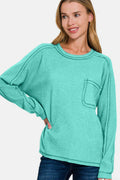 Zenana Full Size Contrast Stitching Brushed Ribbed Hacci Knit Top Plus Size - Hovatok