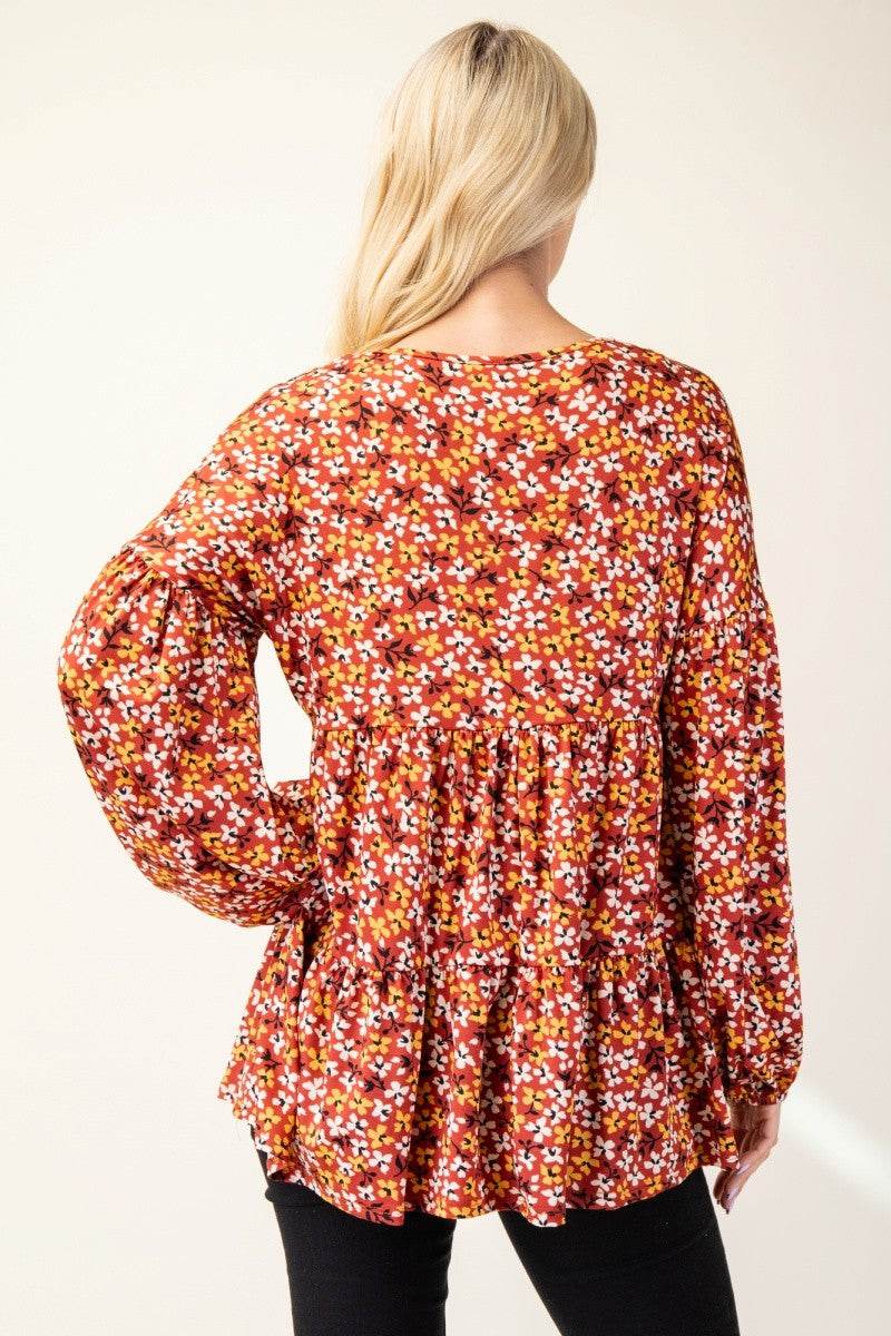 Celeste Full Size Floral V-Neck Balloon Sleeve Blouse - Hovatok