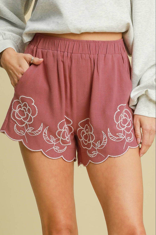 Umgee Full Size Linen Blend Shorts with Floral Embroidered Details Plus Size - Hovatok