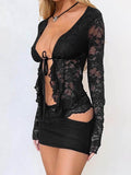 Devine Tied Front Ruffled Long Sleeve Lace Shirt - Hovatok