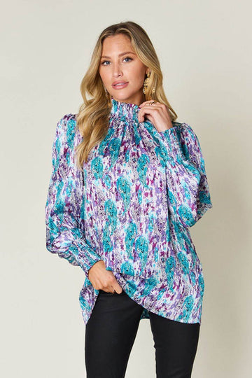 Double Take Full Size Printed Smocked Long Sleeve Blouse - Hovatok