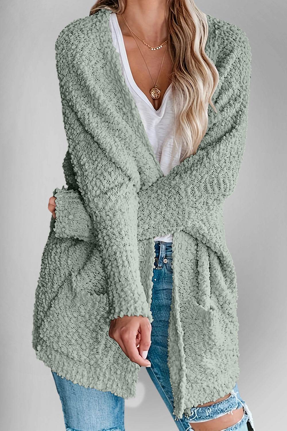 Double Take Pocketed Open Front Long Sleeve Cardigan - Hovatok