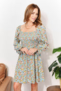 Honey Floral Smocked Flounce Sleeve Square Neck Dress - Hovatok
