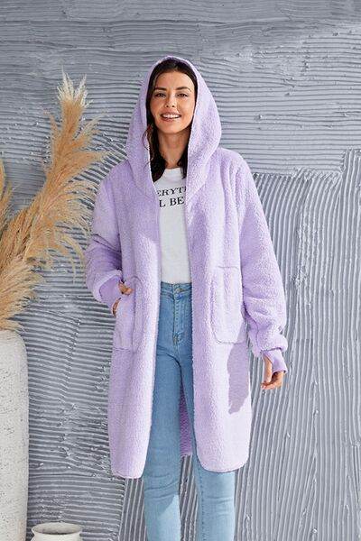 Double Take Full Size Hooded Teddy Bear Jacket with Thumbholes - Hovatok