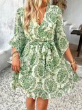 Devine Printed Surplice Ruffled 3/4 Sleeve Mini Dress - Hovatok