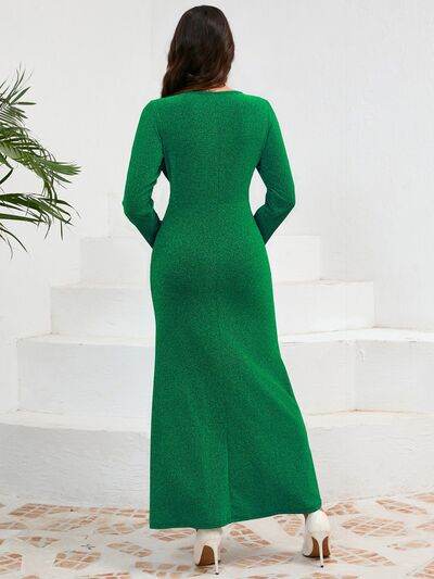 Ruched Round Neck Long Sleeve Dress - Hovatok