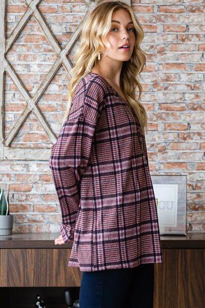 Heimish Full Size Plaid V-Neck Long Sleeve Top - Hovatok