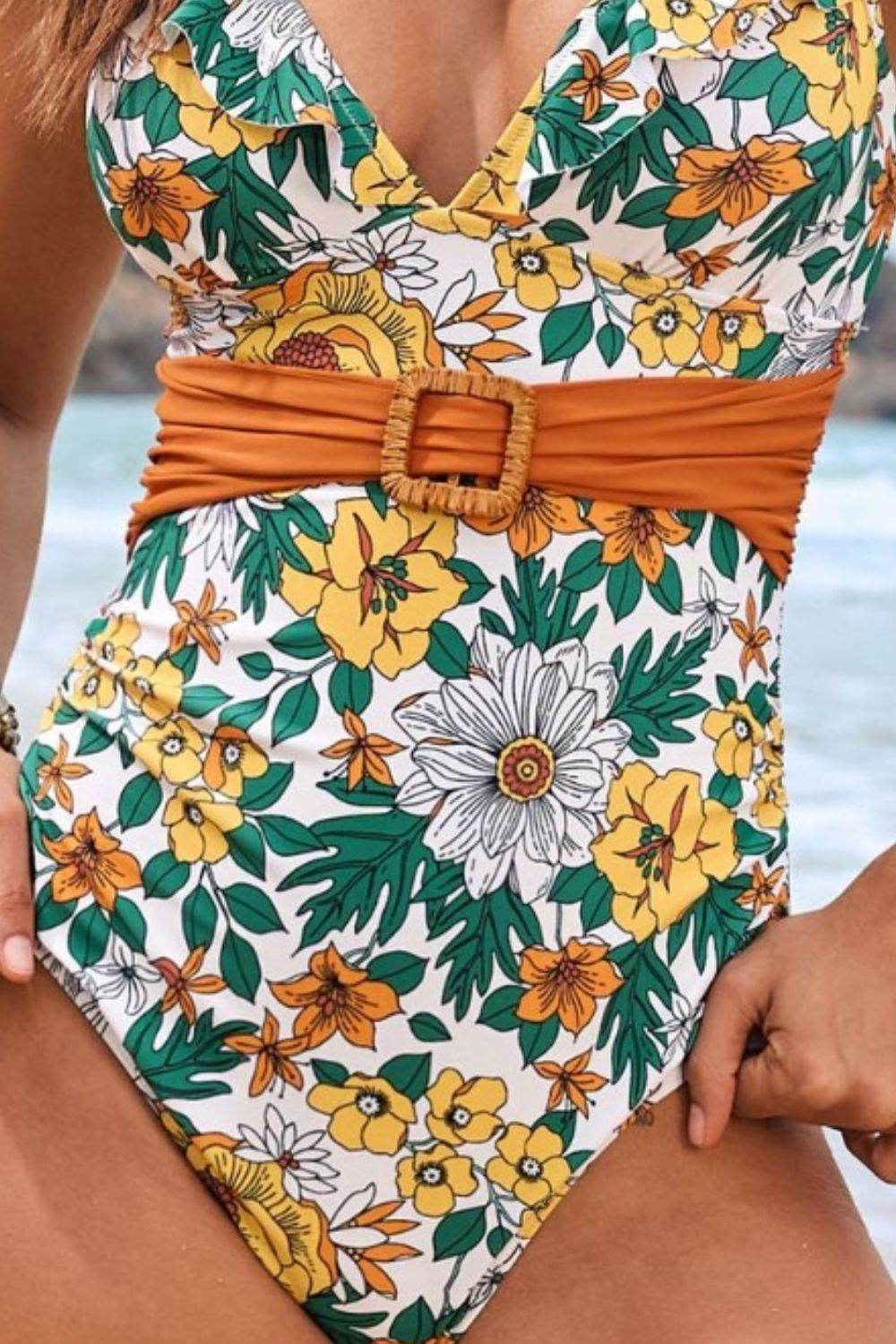Ruffled Plunge Floral One-Piece Swimwear - Hovatok