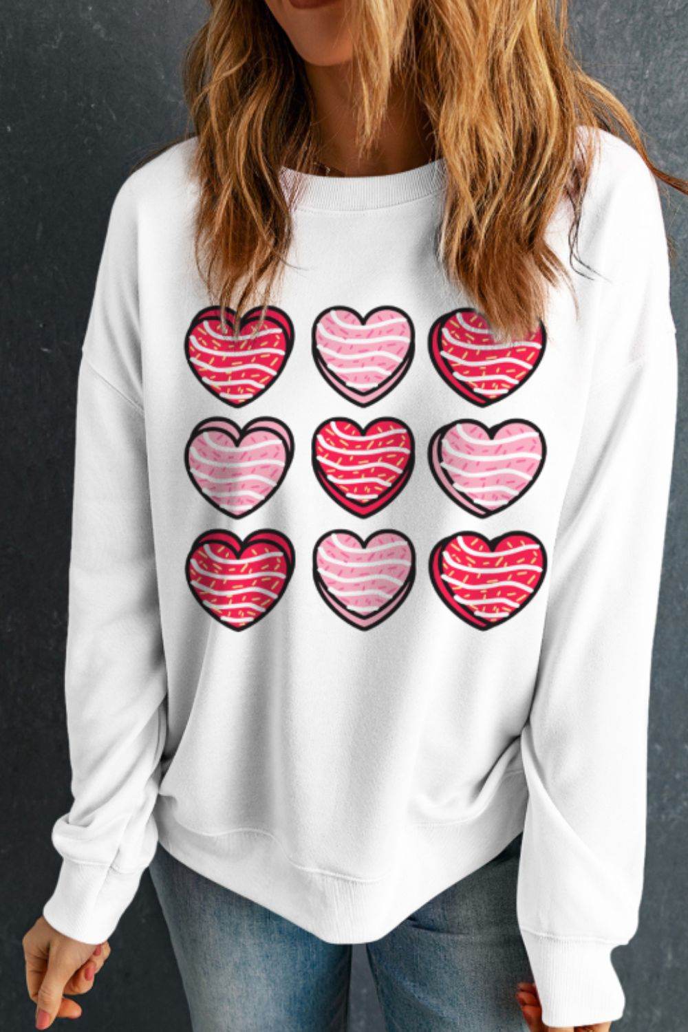 Valentine's Day Heart Round Neck Long Sleeve Sweatshirt - Hovatok