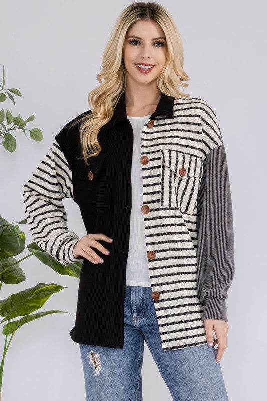 Celeste Full Size Striped Button Up Dropped Shoulder Shacket - Hovatok