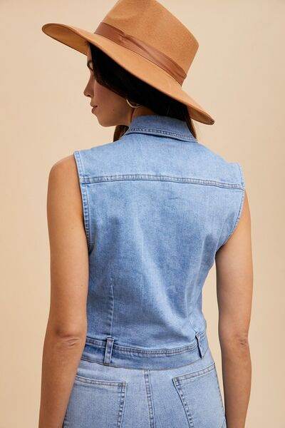 Annie Wear Collared Neck Button Down Denim Vest - Hovatok