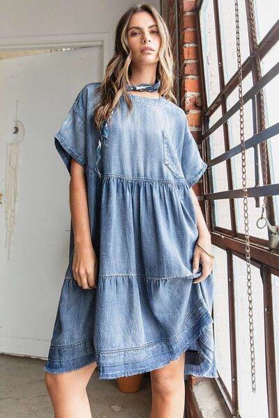 Mittoshop Washed Chambray Denim Oversized Tier Mini Dress - Hovatok