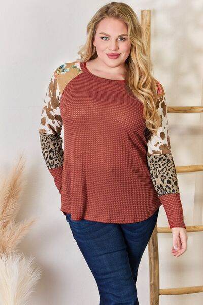 Hailey & Co Full Size Leopard Waffle-Knit Blouse - Hovatok