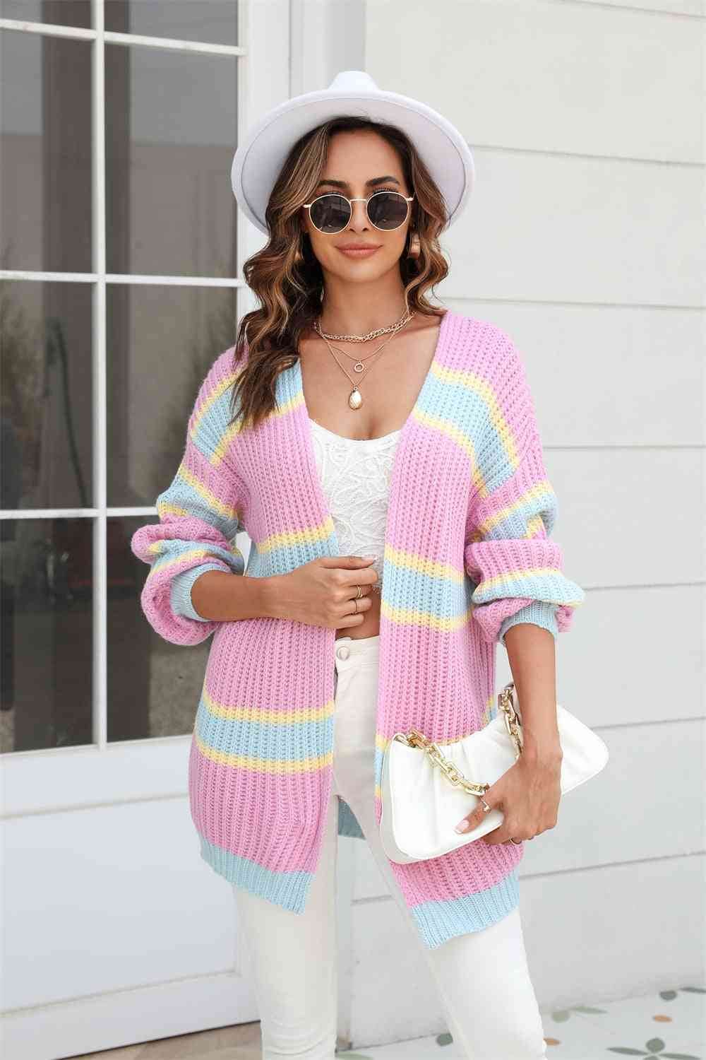 Angel Wings Color Block Ribbed Dropped Shoulder Open Front Cardigan - Hovatok