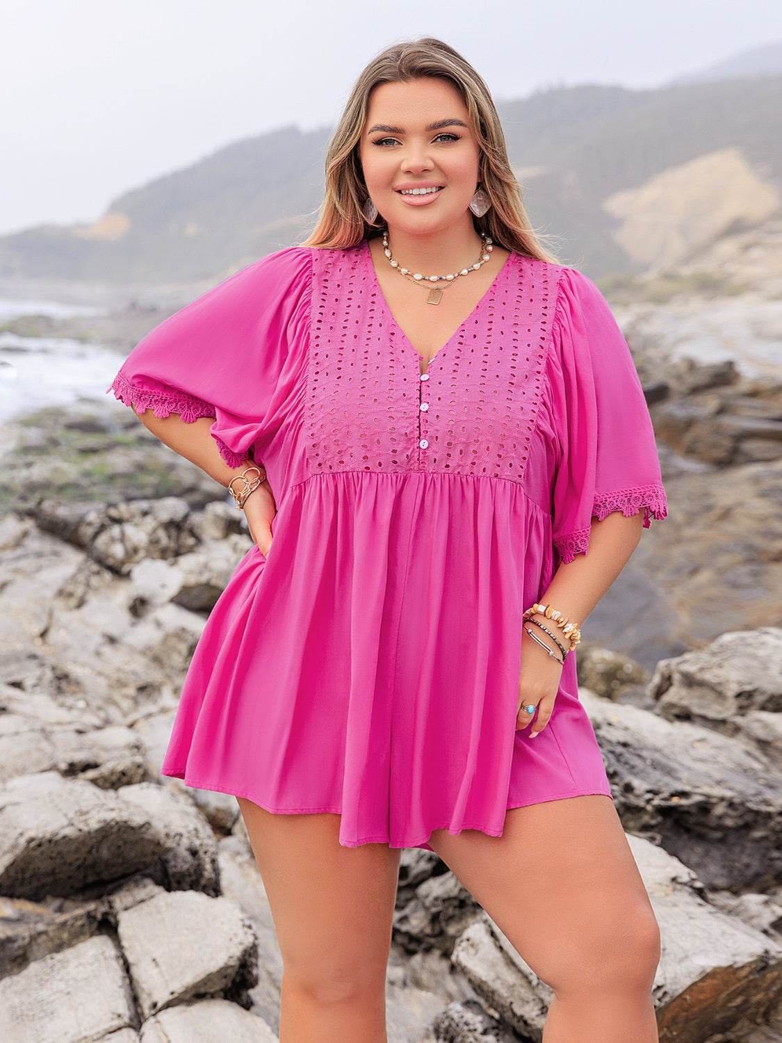 Plus Size Lace Detail V-Neck Half Sleeve Romper - Hovatok