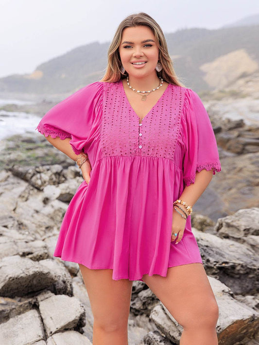 Plus Size Lace Detail V-Neck Half Sleeve Romper - Hovatok