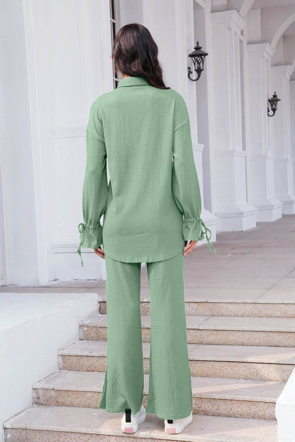 Drawstring Flounce Sleeve Shirt and Pants Set - Hovatok