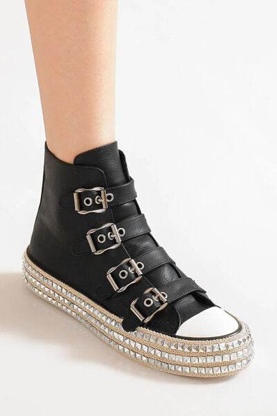 Beast Fashion Multi-Buckle Straps Studded Platform Sneakers - Hovatok