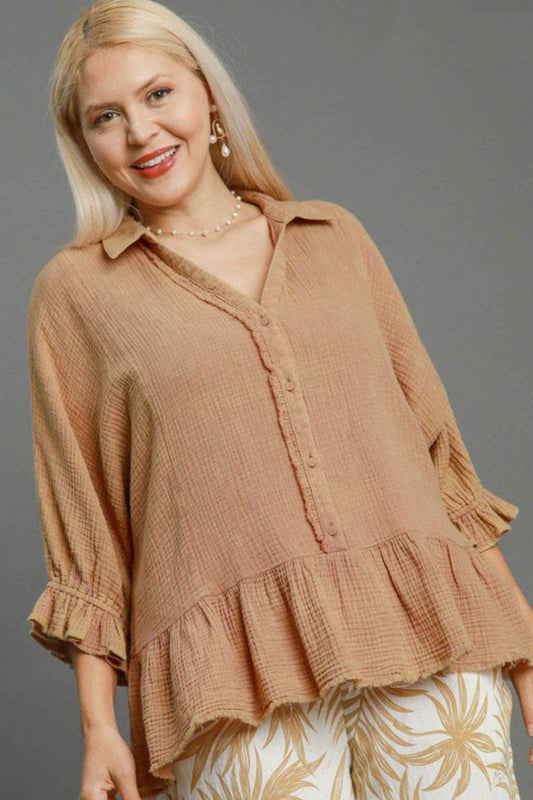 Umgee Full Size Mineral Washed Cotton Gauze Top Plus Size - Hovatok