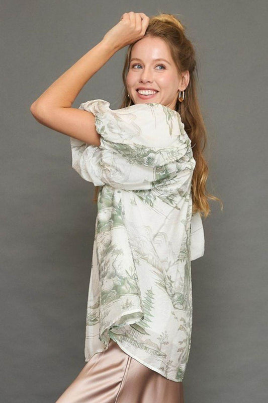 Umgee Full Size Two Tone Toile Print Top Plus Size - Hovatok