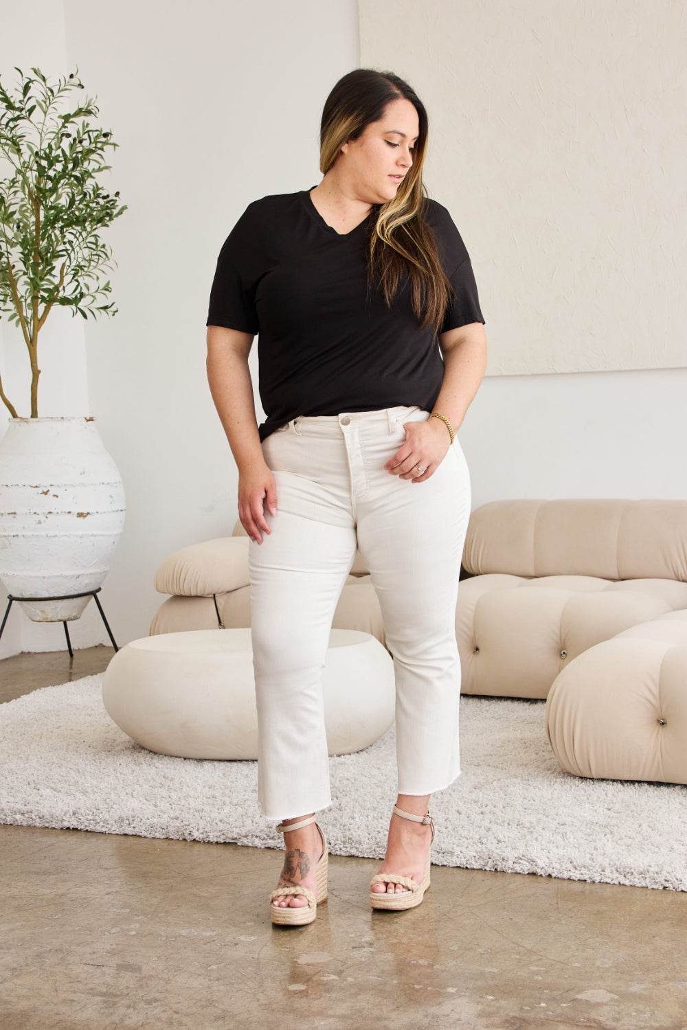 RFM Mini Mia Full Size Tummy Control High Waist Raw Hem Jeans - Hovatok