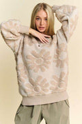 Davi & Dani Flower Texture Round Neck Dropped Shoulder Sweater - Hovatok