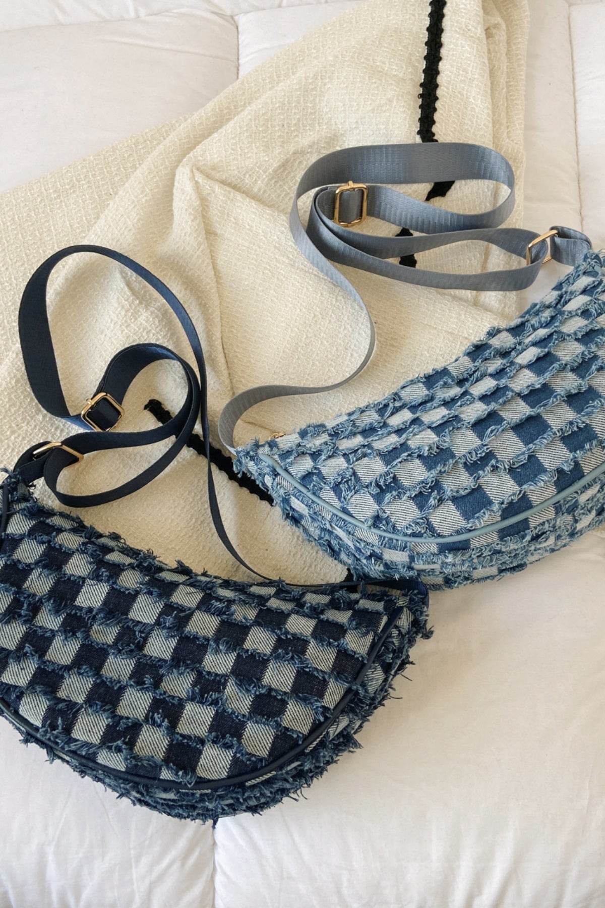 Raw Hem Checkered Denim Crossbody Bag - Hovatok