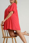 Umgee Full Size Squared Neck Puff Sleeve Mini Dress Plus Size - Hovatok