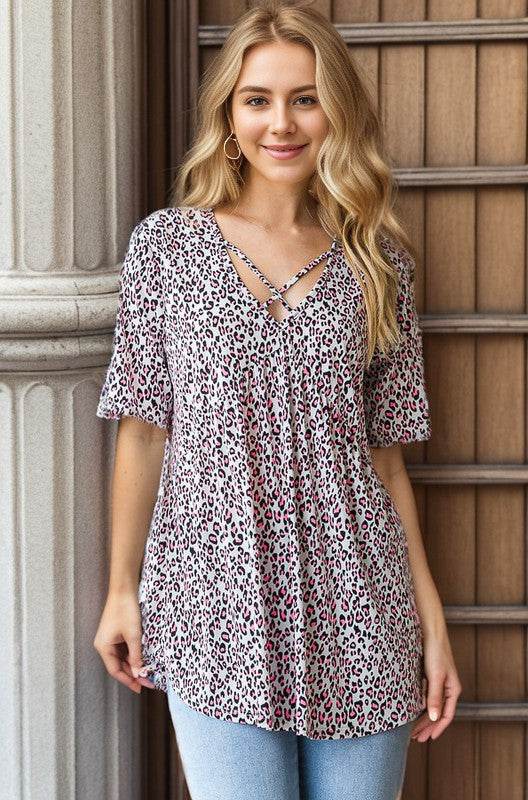Heimish Full Size Short Sleeve Crisscross Animal Babydoll Top Plus Size - Hovatok