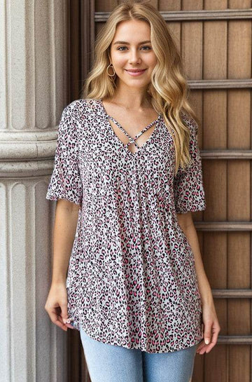 Heimish Full Size Short Sleeve Crisscross Animal Babydoll Top Plus Size - Hovatok