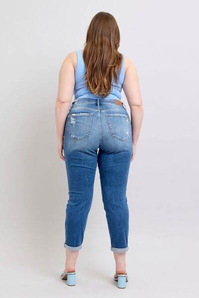 Judy Blue Full Size Button Fly Distressed Jeans with Pockets Plus Size - Hovatok