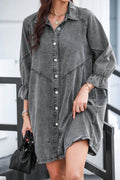 Distressed Collared Neck Flounce Sleeve Denim Dress - Hovatok