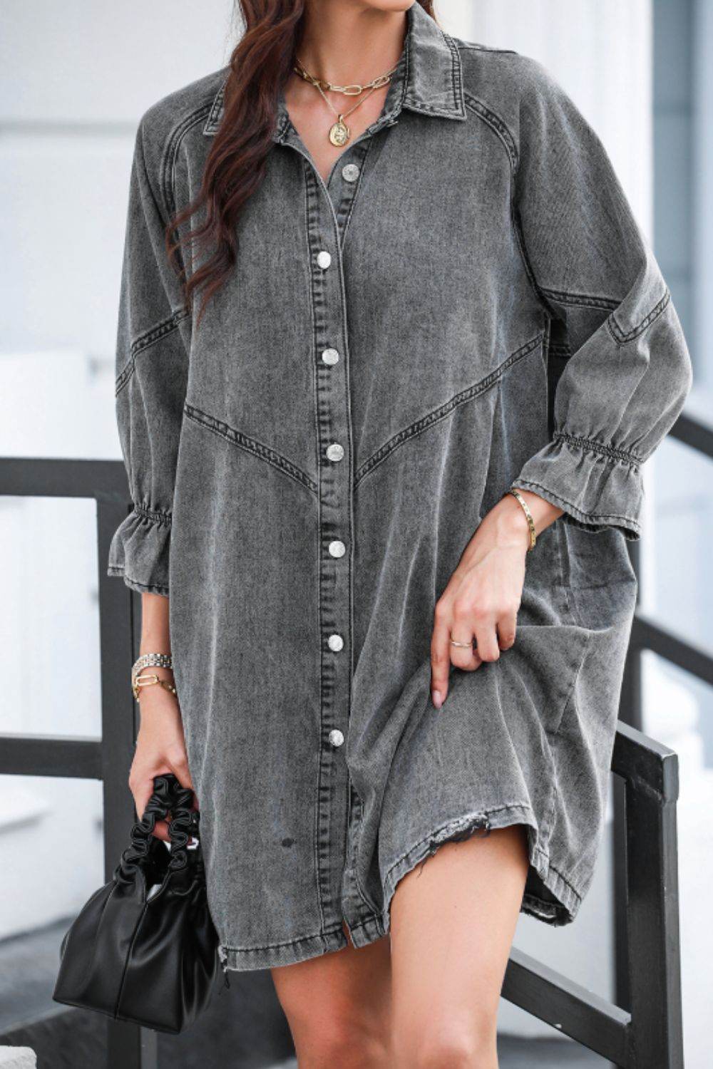Distressed Collared Neck Flounce Sleeve Denim Dress - Hovatok
