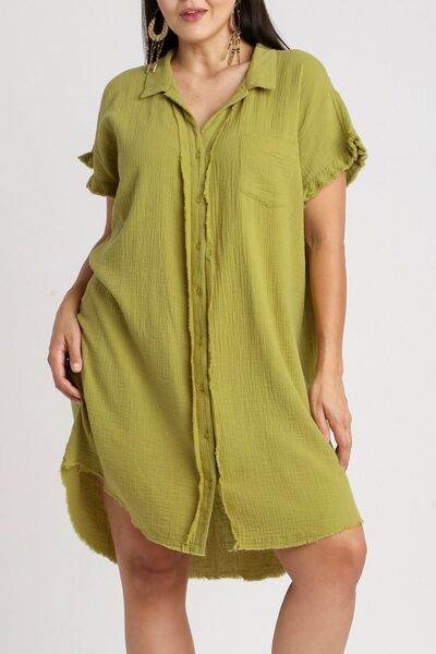 Umgee Full Size Raw Hem Button Down Short Sleeve Gauze Shirt Dress Plus Size - Hovatok