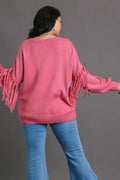 Umgee Full Size Fringe Round Neck Long Sleeve Sweater Plus Size - Hovatok